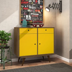 Aparador Buffet Retro 90 2 Portas 2 Gavetas Rustik Carvalho/Amarelo Ac - Olivar Móveis