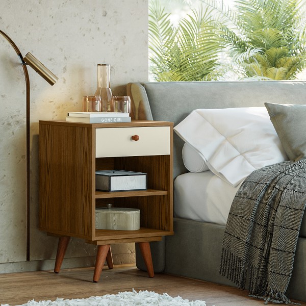 Mesa de Cabeceira Retro Plus 1 Gaveta Conhaque/Carvalho/Off White - Olivar Móveis