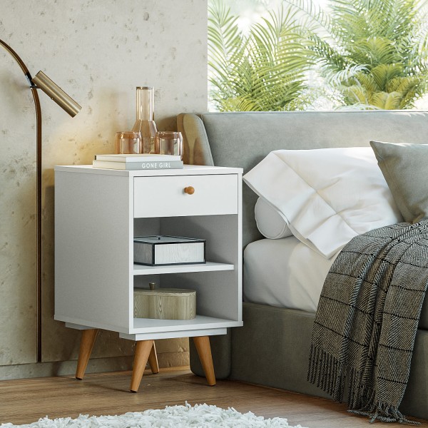 Mesa de Cabeceira Retro Plus 1 Gaveta Branco - Olivar Móveis
