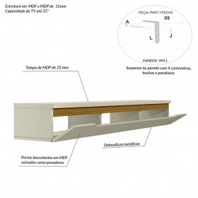 Rack Suspenso Uno P/ Tvs Até 55 Polegadas 160cm 2 Portas Off White/Cedro - Olivar Móveis