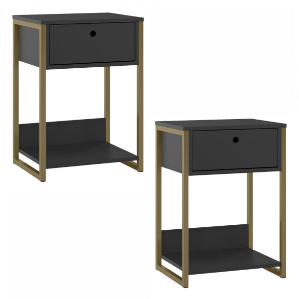 Kit Mesa de Cabeceira Industrial Gaveta Preto - Olivar Móveis