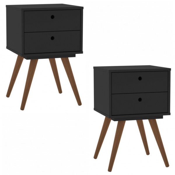 Kit Mesa de Cabeceira Retrô 2 Gavetas Preto - Olivar Móveis