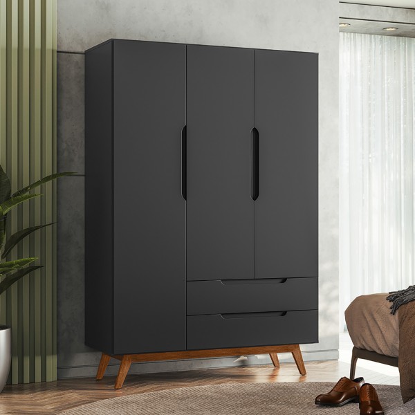 Guarda Roupa Retro Alpi 3 Portas 2 Gavetas Preto - Olivar Móveis