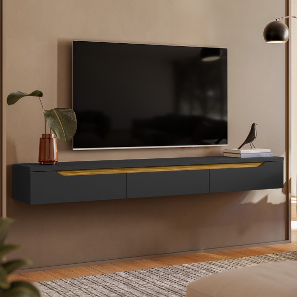 Rack Suspenso Uno P/ Tvs Até 65 Polegadas 180cm 3 Portas Preto/Cedro - Olivar Móveis