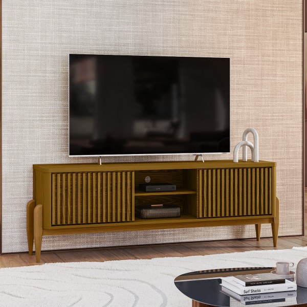 Rack Sereno para TV Até 55 Polegadas com Ripado 2 Portas de Correr 160cm Pés em Madeira Maciça Cedro - Olivar Móveis