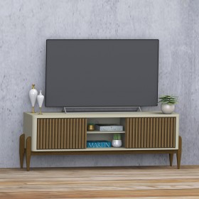 Rack Sereno para TV Até 55 Polegadas com Ripado 2 Portas de Correr 160cm Pés em Madeira Maciça Off White/Cedro - Olivar Móveis