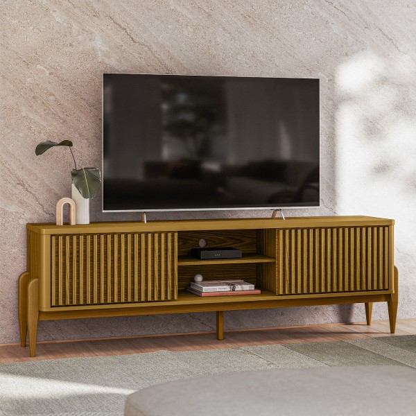 Rack Sereno para TV Até 65 Polegadas com Ripado 2 Portas de Correr 180cm Pés em Madeira Maciça Cedro - Olivar Móveis