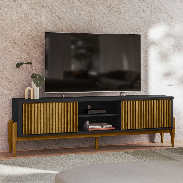 Rack Sereno para TV Até 65 Polegadas com Ripado 2 Portas de Correr 180cm Pés em Madeira Maciça Preto/Cedro - Olivar Móveis