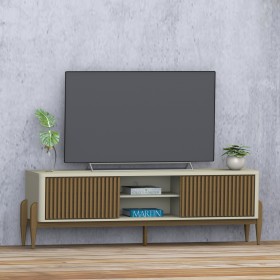 Rack Sereno para TV Até 65 Polegadas com Ripado 2 Portas de Correr 180cm Pés em Madeira Maciça Off White/Cedro - Olivar Móveis