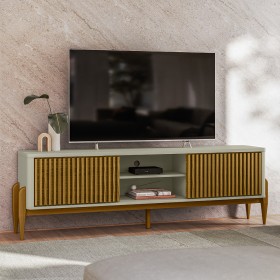 Rack Sereno para TV Até 65 Polegadas com Ripado 2 Portas de Correr 180cm Pés em Madeira Maciça Off White/Cedro - Olivar Móveis
