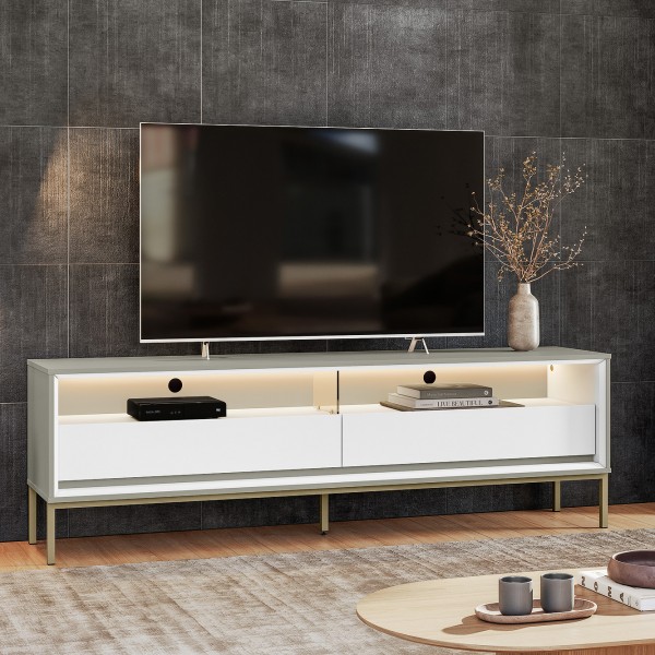 Rack Industrial Fusion para TV Até 65 Polegadas 2 Gavetas 180cm com Iluminação em Led Off White/Branco - Olivar Móveis