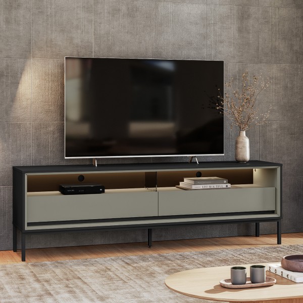 Rack Industrial Fusion para TV Até 65 Polegadas 2 Gavetas 180cm com Iluminação em Led Preto/Off White - Olivar Móveis