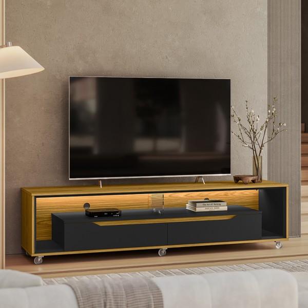 Rack para Sala com Led e Rodízios P/Tv 65 Polegadas 175cm Loop Cedro/Preto-Olivar Móveis