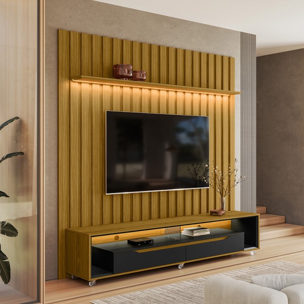 Painel Ripado com Led London 177cm e Rack Loop com Rodízios TV 70 Polegadas Cedro/Preto – Olivar Móveis