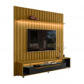 Painel Ripado com Led London 177cm e Rack Loop com Rodízios TV 70 Polegadas Cedro/Preto – Olivar Móveis