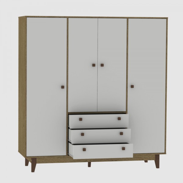 Guarda Roupa Casal Vintage 4 Portas 3 Gavetas Rustik Carvalho/Branco - Olivar Móveis