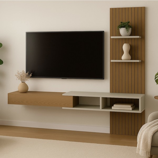 Painel Ripado Flex P/Tvs Até 70”nicho e Porta Basc – 1,60mt, 1,80mt e 2,00mt - Montagem do Painel Ambos Lados Cedro Cedro Off White