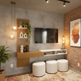 Painel Ripado Flex P/Tvs Até 70”nicho e Porta Basc – 1,60mt, 1,80mt e 2,00mt - Montagem do Painel Ambos Lados Cedro Cedro Off White