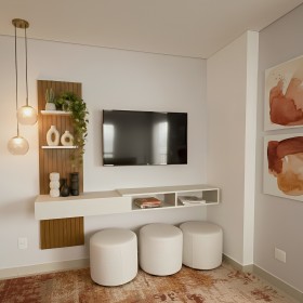 Painel Ripado Flex P/Tvs Até 70”nicho e Porta Basc – 1,60mt, 1,80mt e 2,00mt - Montagem do Painel Ambos Lados Cedro Off White Off White