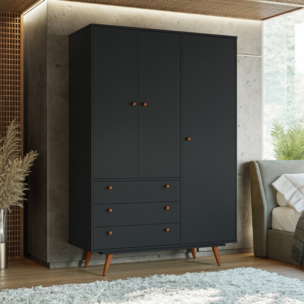 Guarda Roupa Retro 20 3 Portas 3 Gavetas Preto - Olivar Móveis