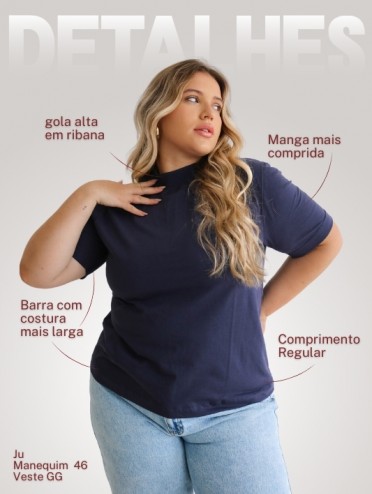 Camiseta Feminina  de Algodão Gola Alta e Manga Curta Gisele - Marinho