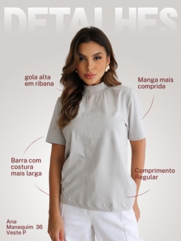 Camiseta Feminina  de Algodão Gola Alta e Manga Curta Gisele - Cinza