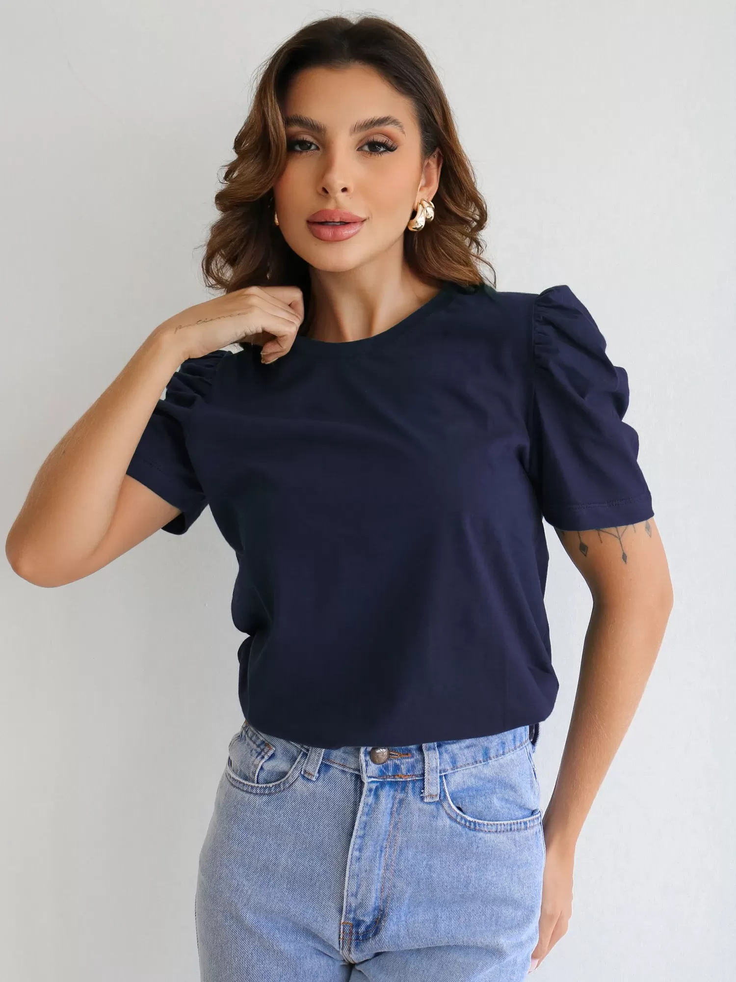 Blusa Feminina Manga Bufante 100% Algodão Lisa Marinho