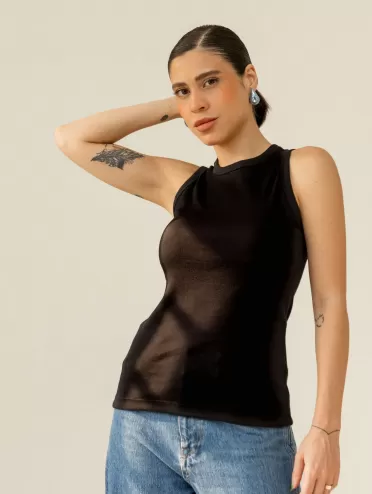 Blusa Regata Canelada 100% Algodão  Helô Preto