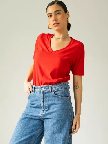 Blusa Feminina Decote V 100% Algodão Lisa íris Vermelho