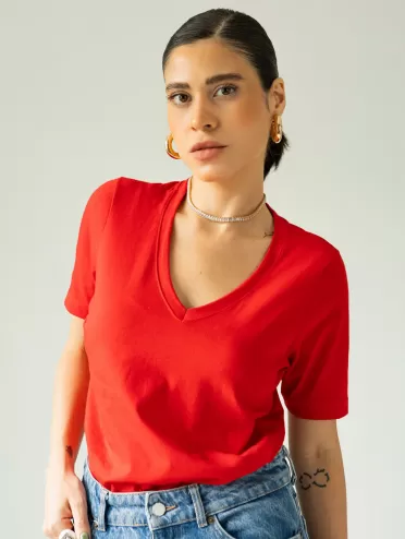 Blusa Feminina Decote V 100% Algodão Lisa íris Vermelho