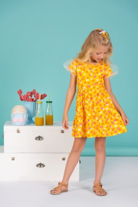 Vestido Feminino Infantil Rodado Flores Amarelo