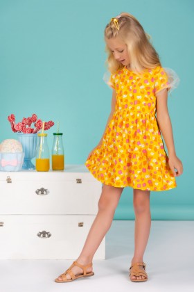 Vestido Feminino Infantil Rodado Flores Amarelo