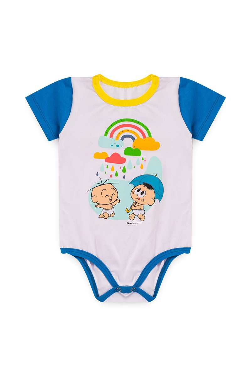 Body Masculino Infantil Cebolinha Cascão Chuva de Cores - Turma da Mônica