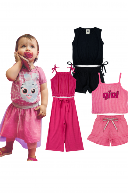 Kit Sortido 6 Peças de Roupas Bebê Menina Verão - 3 Camisetas + 3 Bermudas Ou Vestidos