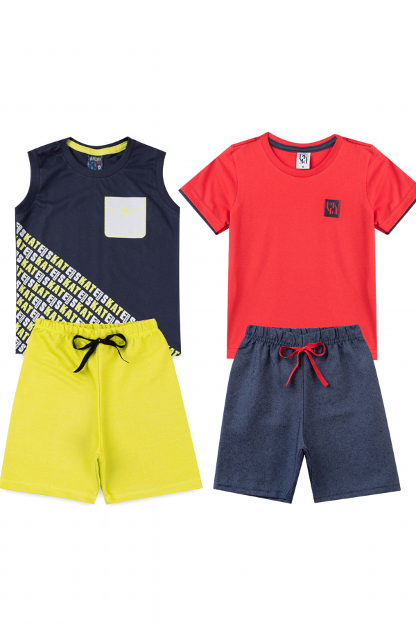 Kit Sortido 4 Peças de Roupas Infantis Masculino Verão- 2 Camisas + 2 Shrots
