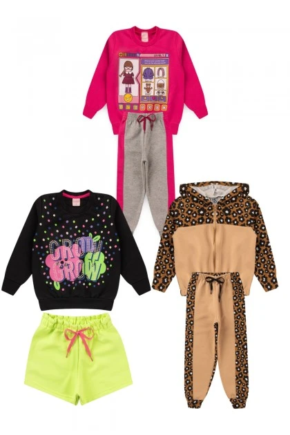 Kit Sortido 6 Peças de Roupas Infantis Feminino Inverno - 3 Casacos + 3 Calças