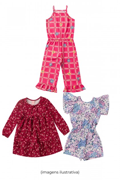 Kit Sortido Vestidos e Macaquinhos Infantis Feminino Verão - 3 Peças