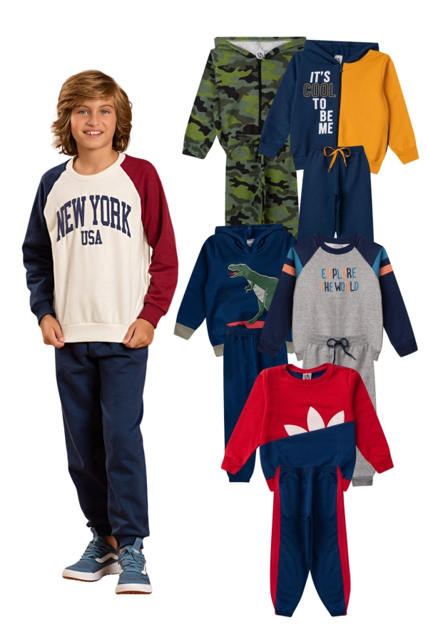 Kit Sortido 10 Peças de Roupas Infantis Masculino Inverno - 5 Casacos + 5 Calças