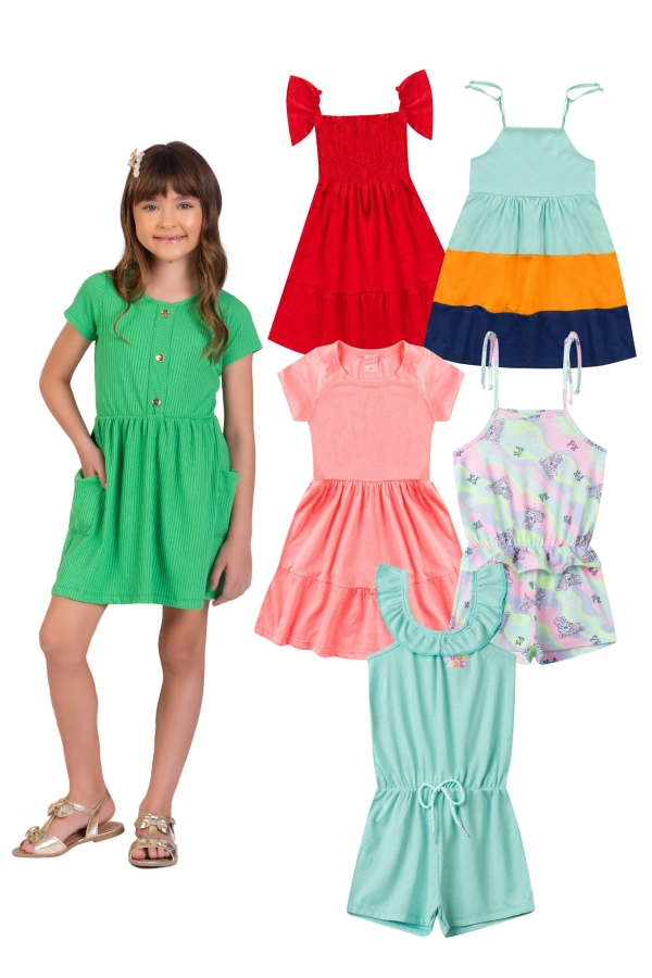 Kit Sortido Vestidos e Macaquinhos Infantis Feminino Verão - 5 Peças