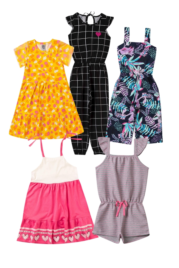 Kit Sortido Vestidos e Macaquinhos Infantis Feminino Verão - 5 Peças
