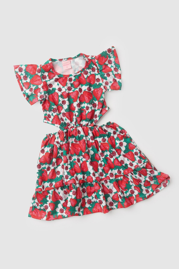 Vestido Feminino Infantil Campo de Morangos