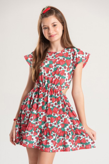 Vestido Feminino Infantil Campo de Morangos