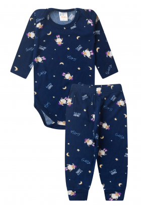 Conjunto Canelado Light Longo - Ovelha Marinho - Ame Kids