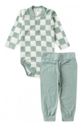 Conjunto Body e Calça Canelado - Xadrez Verde - Ame Kids