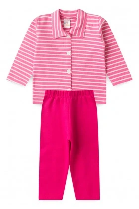 Conjunto Blusa Listrada e Calça Menina - Rosa - Ame Kids