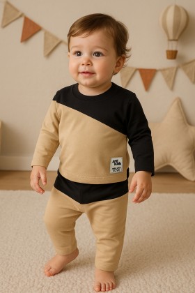 Conjunto Blusa Manga Longa e Calça - Areia e Preto - Ame Kids