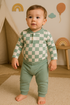 Conjunto Body e Calça Canelado - Xadrez Verde - Ame Kids