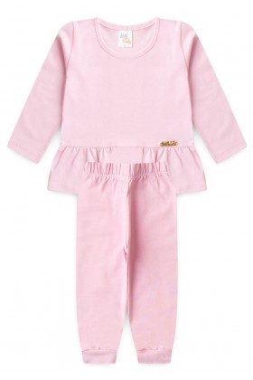 Conjunto Blusa com Babado e Calça Menina - Rosa Bebê - Ame Kids