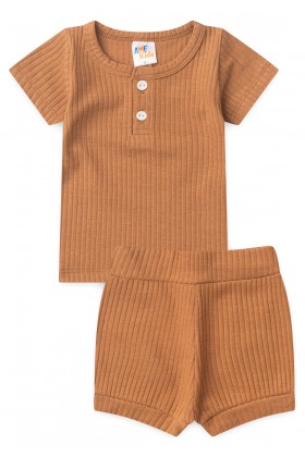 Conjunto Blusa Canelada Curta com Botões Menino - Caramelo - Ame Kids