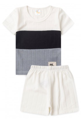 Conjunto de Blusa e Shorts Canelado Tricolor - Off-White - Ame Kids